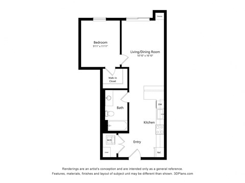 Floor plan for 1 bed, 1 bath, 672 sqft